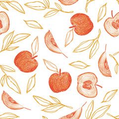 Seamless vector pattern in sketch technique with apples and branches with leaves. Autumn hand drawn ornament in orange and brown colors.