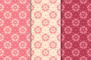 Set of cherry red floral designs. Vertical seamless patterns