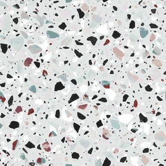 Gordijnen Terrazzo vloeren vector naadloos patroon in grijze kleuren © lalaverock