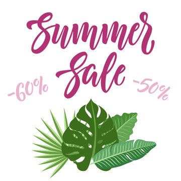 Summer sale banner design with lettering and vector tropical leaves on white background.