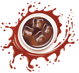 cola drink with ice cubes and splash with many drops