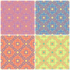 Colored floral seamless backgrounds. Set of bright patterns with geometric elements