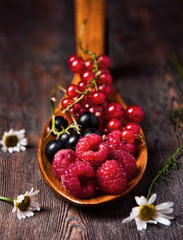 Berries spoon wooden raspberry currant.