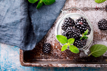 Blackberry with Greek Yogurt and Mint. Fresh Berry.  Useful Breakfast in a Jar. Smoothie Light Meal Natural Food.