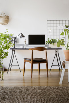 Wooden chair at desk with lamp and computer desktop in home office interior with plants. Real photo
