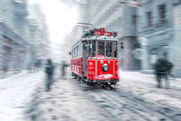 Winter view of nostalgic red Tram and people in daily life