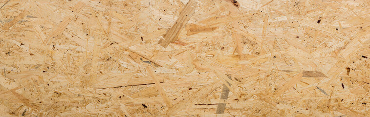 Panorama of pressed wooden panel background - texture of oriented strand board - OSB wood texture