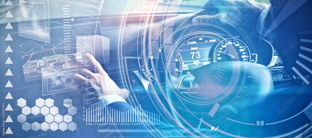 Poster composite image of interfaces dial in dark blue background with