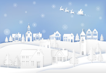Santa and deer in city town with snowflake background. Christmas season paper art style illustration.