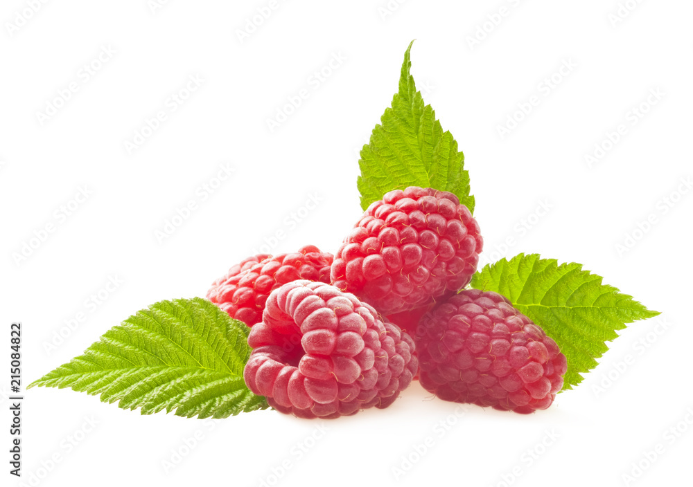 Wall mural ripe red raspberry c green leaf isolated on white background