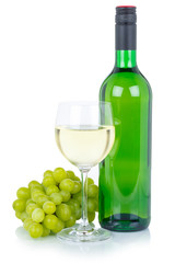 White wine bottle glass alcohol beverage green grapes isolated