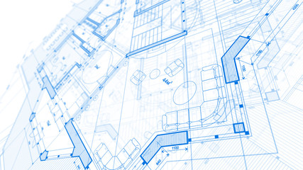 Architecture design: blueprint plan - illustration of a plan modern residential building / technology, industry, business concept illustration: real estate, building, construction, architecture