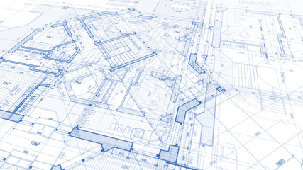 Projekt architektury: plan projektu - ilustracja planu nowoczesny budynek mieszkalny / technologia, przemysł, ilustracja koncepcji biznesowej: nieruchomość, budynek, budownictwo, architektura - 215085065