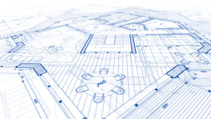 Architecture design: blueprint plan - illustration of a plan modern residential building / technology, industry, business concept illustration: real estate, building, construction, architecture
