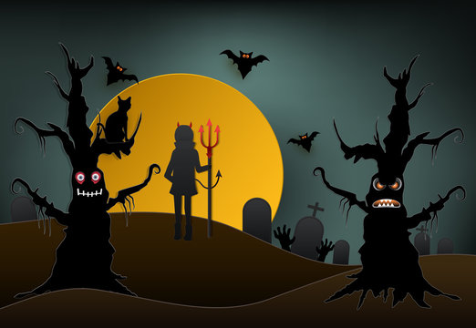 Young devil with cat in cemetery and dark forest Halloween paper art background