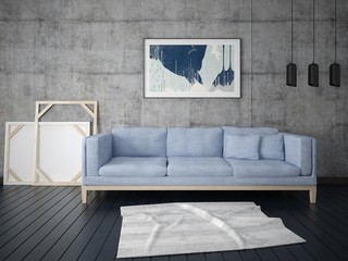 Mock up a stylish living room with a modern interior and a compact comfortable sofa.