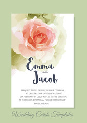Vintage style Wedding Invitation pink rose watercolor hand drawn. save the date card design.vector template set.invite card design.Greeting wedding invitation.Pink rose watercolour style frame print