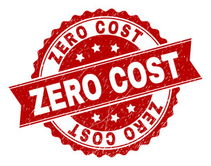 ZERO COST seal print with distress texture. Rubber seal imitation has circle medal shape and contains ribbon. Red vector rubber print of ZERO COST caption with grunge texture.