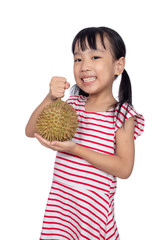 Asian Chinese little girl holding durian fruit