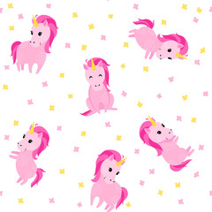 Seamless cute pattern with cute pink unicorns and flowers. Pretty hand drawn vector texture. Childish texture for fabric, textile.