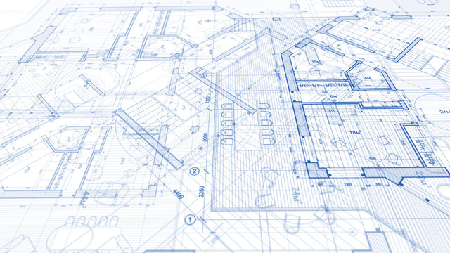 Architecture design: blueprint plan - illustration of a plan modern residential building / technology, industry, business concept illustration: real estate, building, construction, architecture