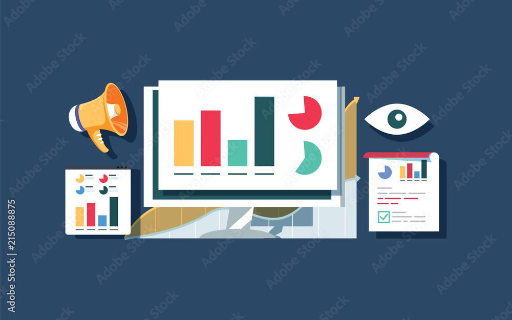 Poster website traffic monitoring, website data analysis, website audit flat vector design banner.