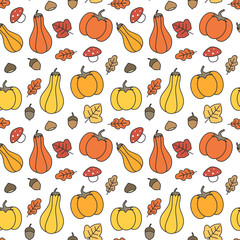 cute fall autumn seamless vector pattern background illustration with pumpkins, leaves, acorns, chestnuts and mushrooms