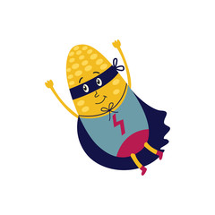 cartoon corn hero character in blue cape, mask flying dashing to help. Isolated vector illustration. Funny fruit, super vegetable protecting people health