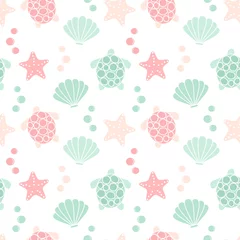 Wallpaper murals Sea animals cute lovely summer seamless vector pattern background illustration with turtles, shells and starfishes