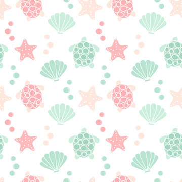 cute lovely summer seamless vector pattern background illustration with turtles, shells and starfishes