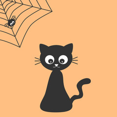 cute cartoon black cat and spider halloween vector illustration