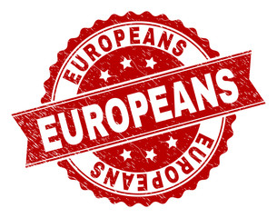 Obraz premium EUROPEANS seal print with distress texture. Rubber seal imitation has circle medallion shape and contains ribbon. Red vector rubber print of EUROPEANS caption with dust texture.