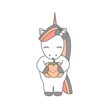 Fototapeta cute cartoon unicorn with pumpkin funny vector illustration