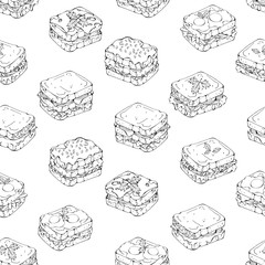 Pattern of vector illustrations on the fast food theme; set of different kinds of sandwiches.