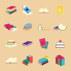 Paper books with colorful covers set with various closed and open reading objects - collection of flat isolated elements for education or literary leisure in vector illustration.