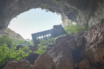 View of Virgin Mary Church built by St. Paulus from inside of cave of Chasm of Heaven in Silifke...
