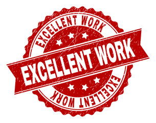 Obraz premium EXCELLENT WORK seal print with corroded texture. Rubber seal imitation has circle medal shape and contains ribbon. Red vector rubber print of EXCELLENT WORK title with dirty texture.