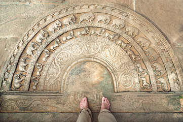 Elephants and horses on stone floor relief with patterns of 12th century temple of Buddha....