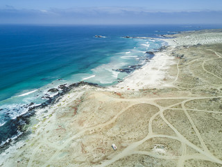 Punta de Choros at Atacama Desert amazing wild beaches. An aerial view of the Pacific Ocean...