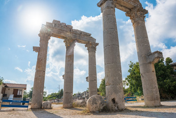 Marble Ceremonial Gate columns entrance of  Uzuncaburc Ancient city located in...