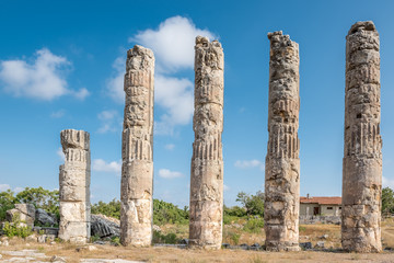 With blue sky,Marble columns of Zeus temple at  Uzuncaburc Ancient city located in Uzuncaburc,Silifke,Mersin,Turkey.