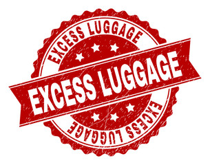 Fototapeta premium EXCESS LUGGAGE seal watermark with corroded texture. Rubber seal imitation has round medallion shape and contains ribbon. Red vector rubber print of EXCESS LUGGAGE label with corroded texture.