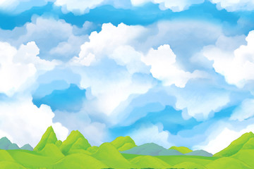 Obraz premium cartoon scene with sky full of clouds and mountains at the bottom - illustration for children