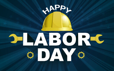Happy Labor day poster flyer banner vector illustration. Yellow Safty helmet on burst background design. Labor day celebration concept advertising.