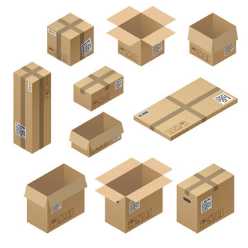 Vector 3d isometric set of cardboard packaging, mail for delivery isolated on white background. Open and closed pasteboard boxes of different shapes, sizes with emblems of fragility, recycling on them