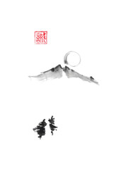 Couple walking in mountains Japanese style original sumi-e ink painting.