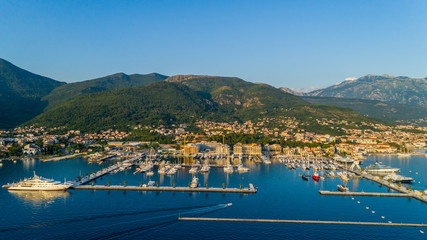 Fototapeta na wymiar Aerial view of the evening in Porto Montenegro in Tivat