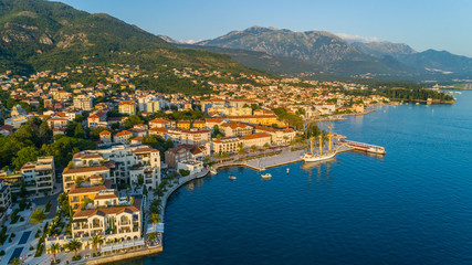 Aerial view of the evening in Porto Montenegro in Tivat - obrazy, fototapety, plakaty