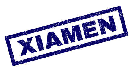 Rectangle XIAMEN seal print with corroded texture. Rubber seal imitation has rectangle frame. Blue vector rubber print of XIAMEN tag with unclean texture.