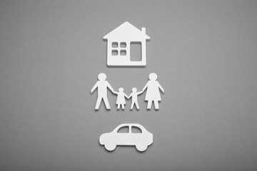 Family figure concept with car and house. Apartment agency, buy home.